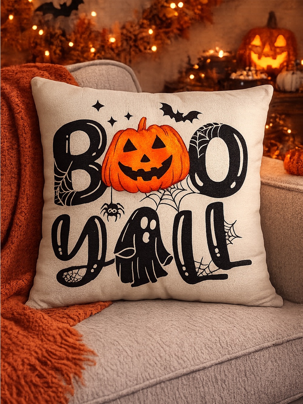 Festive Throw pillow COVER “Boo Y’all” Halloween off-white/cream /black/orange